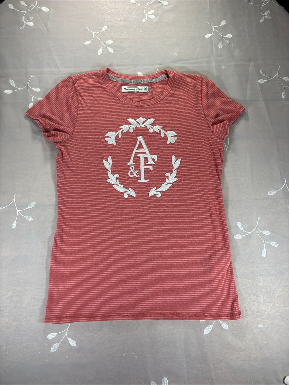Abercrombie & Fitch Coral Pink Striped Embroidered Logo Tee Woman Medium